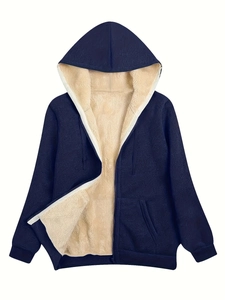 Navy blue plus size women's hooded jacket with warm cream fleece lining and zip closure