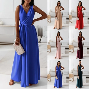 Robe Maxi Élégante Sans Manches À Col En V Avec Ceinture Finition Satinée Couleur Unie Robe De Soirée Pour Femme