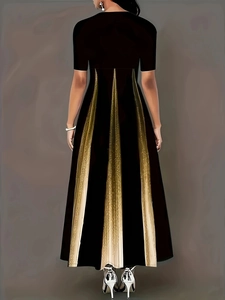 Elegant black and gold plus size gradient dress with high waist and short sleeves back view