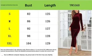 Size chart for elegant burgundy long sleeve velvet dress showing S to XXL measurements