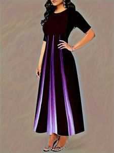 Detail of short sleeves and round neckline on a black dress with purple gradient print