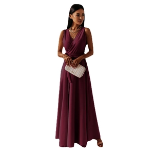 Robe longue élégante bordeaux à col en V sans manches avec lien à la taille