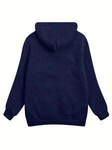 Back view of a solid dark blue plus size plush hooded sweatshirt with ribbed hem