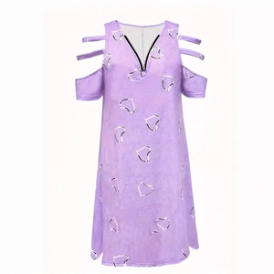 Lavender cold shoulder V-neck dress with zipper detail and purple heart print pattern