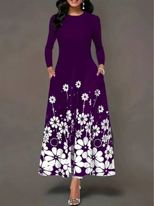 Robe longue élégante violette avec imprimé floral blanc, manches longues et col rond