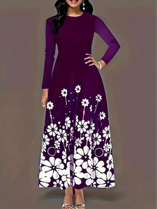 Robe longue élégante violet foncé à manches longues avec motif floral blanc dégradé