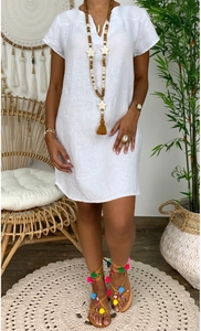 Summer loose V-neck white cotton linen short sleeve dress in casual boho style