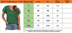 Size chart for women's V-neck T-shirt with ruffled sleeves showing S to 2XL dimensions