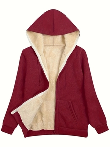 Women's plus size burgundy zip-up hoodie with warm sherpa lining and cozy pockets
