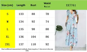 Guide des tailles pour robe à fleurs col en V avec mesures de longueur et buste