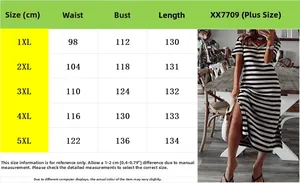Size chart detail for plus size V-neck striped maxi dress ranging from 1XL to 5XL