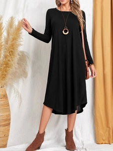 Robe Midi Décontractée à Manches Longues pour Femmes Col Rond Ample Ligne A Couleur Unie Avec Poches Ourlet Asymétrique