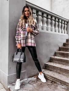 Pink plaid long sleeve wool shirt jacket paired with black leather pants and white sneakers