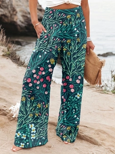 Pantalon large bohème à imprimé floral, taille haute, bleu sarcelle, style décontracté