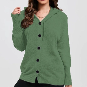 Women's forest green hooded knit cardigan sweater with large buttons and ribbed cuffs
