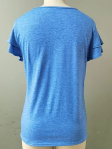Detail view of the double-layered ruffle sleeves on this blue V-neck casual women's T-shirt