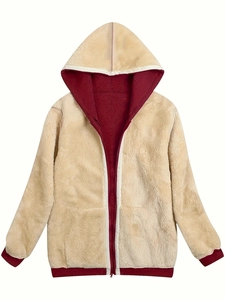 Close-up of white fleece jacket with contrast red hooded lining and ribbed cuffs