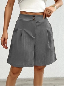Women's high-waisted wide-leg dress shorts in dark grey with double button design