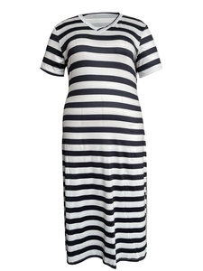 Women's summer black and white striped V-neck short sleeve slimming maxi dress in a 3D view