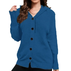 Women's blue hooded knit cardigan sweater with button closure and drawstring details