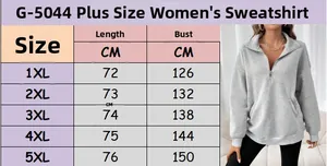 Size chart detail for women's plus size half-zip sweatshirt G-5044 ranging from 1XL to 5XL