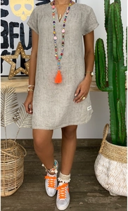 Short sleeve light gray linen blend V-neck dress with a loose summer fit