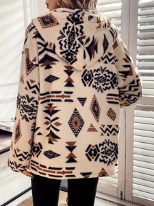 Women's oversized hooded plush cardigan with ethnic geometric print for autumn winter