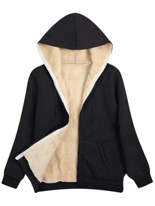 Plus size zip-up hooded sweatshirt with warm sherpa fleece lining in dark grey color