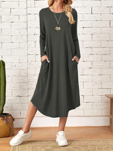 Robe midi gris foncé à manches longues avec ourlet incurvé et poches latérales