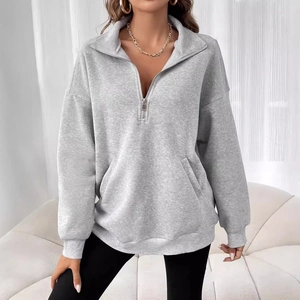 Detail of light grey quarter-zip sweatshirt with high collar and side pockets