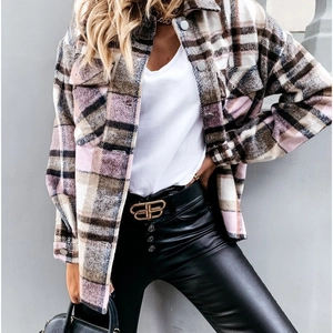 Women's plaid button-down shacket with long sleeves and front pockets in pink and beige