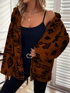 Women's dark brown oversized fleece hoodie with tribal prints and plush zip-up design