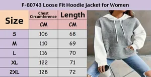 Size guide table for casual patchwork waffle knit drawstring hoodie with front pocket