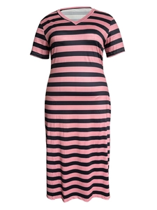 Detail of pink and black striped maxi dress with V-neckline and short sleeves