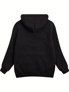 Back view of a black oversized plus size hoodie with ribbed hem and drop shoulder detail