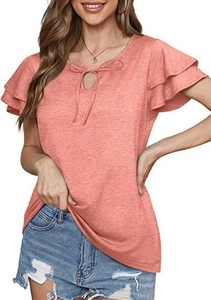 Macro detail of coral pink V-neck top with ruffled sleeves and keyhole bow tie