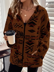 Women's warm hooded fleece cardigan with ethnic geometric print in caramel brown