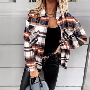 Women long sleeve plaid shacket featuring large check pattern and front chest pockets