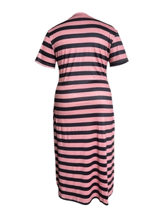 Detail view of pink and black horizontal stripes on a summer short-sleeved maxi dress