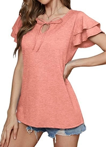 Detail of V-neck tie-up collar and double-layer ruffle sleeves on coral summer top