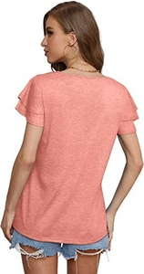 Detail view of pink coral t-shirt showing double-layered ruffle sleeves and back fit