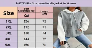 Detailed size chart for plus size color block hoodie featuring bust and length measurements