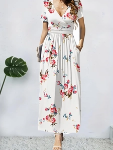 Robe Longue Élégante Femmes Col en V Florale Avec Poches Manches Courtes Taille Haute Trapèze Été Vacances Fête Robe Mode