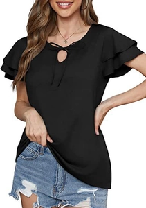 Detail of V-neck top with ribbon tie bow, cutout design and double-layered ruffle sleeves