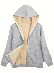Women plus size grey zip-up hoodie with warm sherpa fleece lining and ribbed cuffs