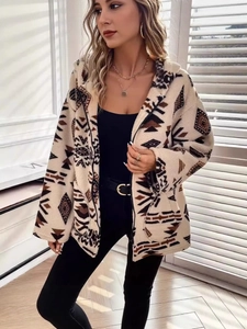 Plus Size Women Ethnic Geometric Print Sherpa Fleece Hoodie Jacket Mid Length Zipper Cardigan Warm Loose Casual Winter Outerwear