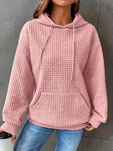 Pink waffle knit hoodie for women with 3D texture drawstring and kangaroo pocket