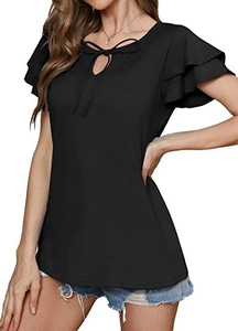 Close-up of women's black V-neck chiffon blouse with ruffle sleeves and tie-up neckline