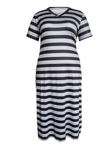 Women's V-neck striped midi dress with short sleeves in a casual summer style