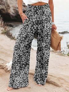 Pantalon large taille haute pour femmes avec imprimé floral noir et blanc pour l'été
